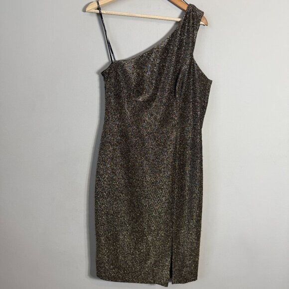 Vince Camuto One Shoulder Glitter Knee Length Dress Womens 12 Gold Slit Cocktail - Picture 6 of 14
